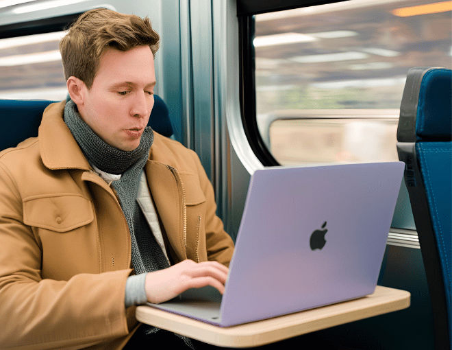 A white man using his laptop while on a train - How to Make the Most of Your Daily Commute by Playing at Jeetwin Online Casino