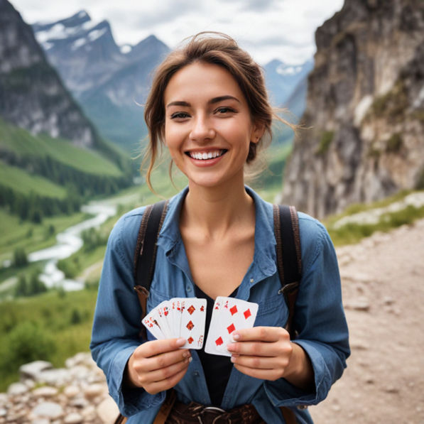 A cheerful traveler holds a deck of cards in a scenic outdoor location smiling joyfully - 7 Fun Ways to Enjoy Casino Gambling While Traveling