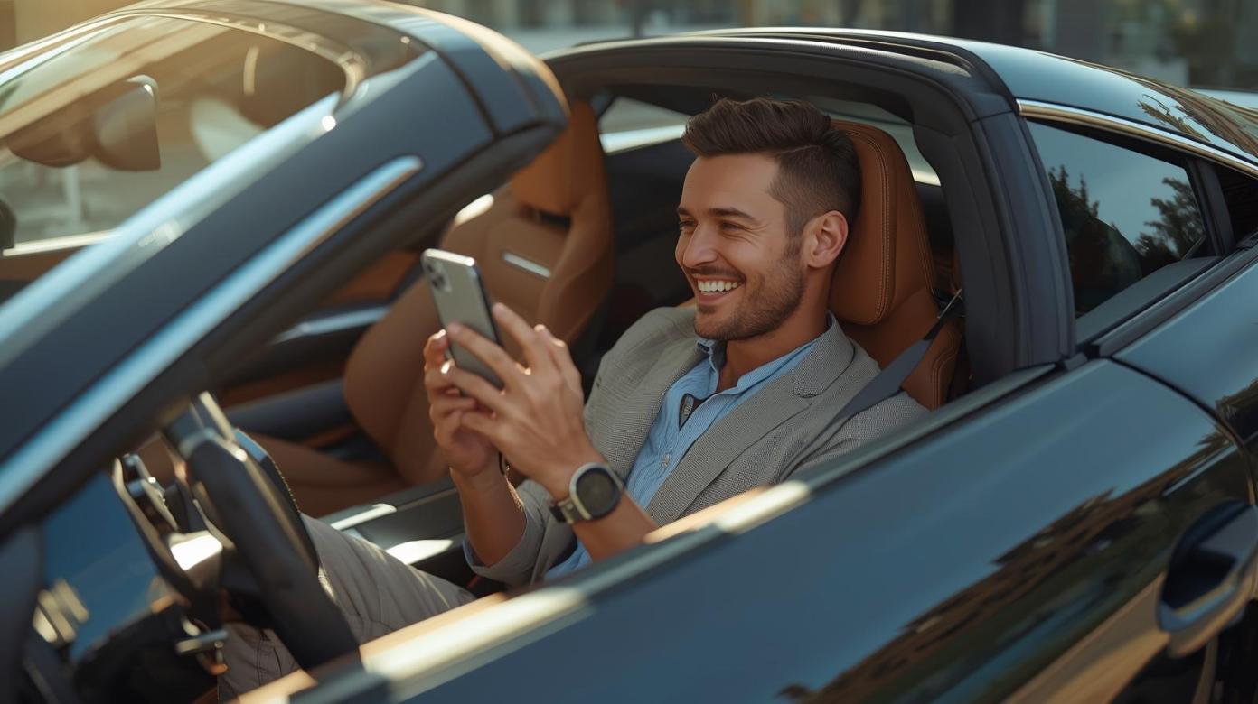 Man in luxury sports car smiling while using smartphone in daylight - The New Rush Behind the Wheel Why Luxury Car Enthusiasts Embrace Online Gambling