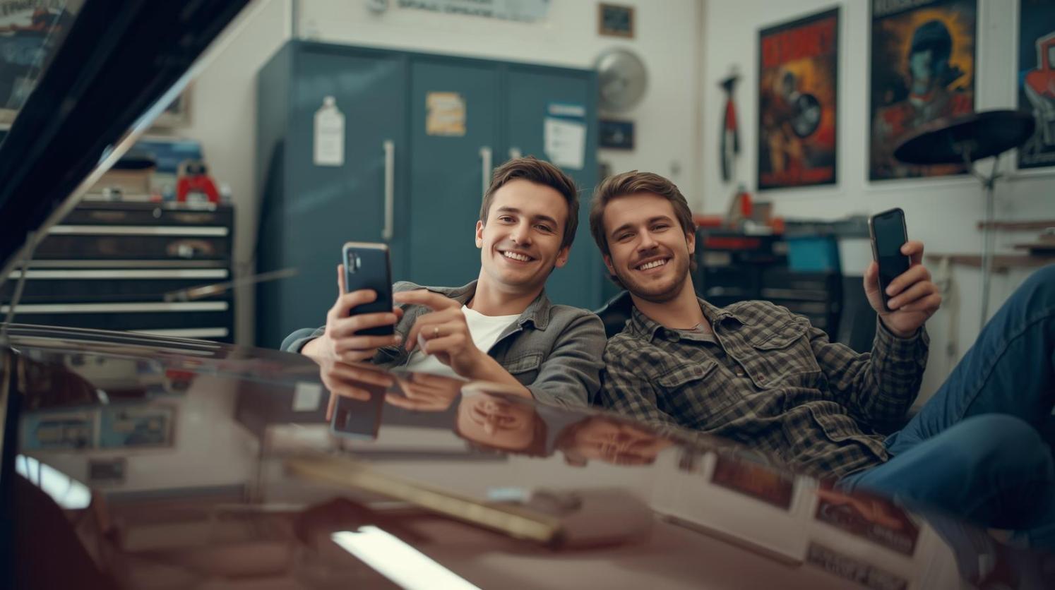 Smiling car hobbyists relax in garage enjoying camaraderie while casually holding smartphones - When the Garage Turns into a Casino Why Auto Hobbyists Are Spinning the Reels