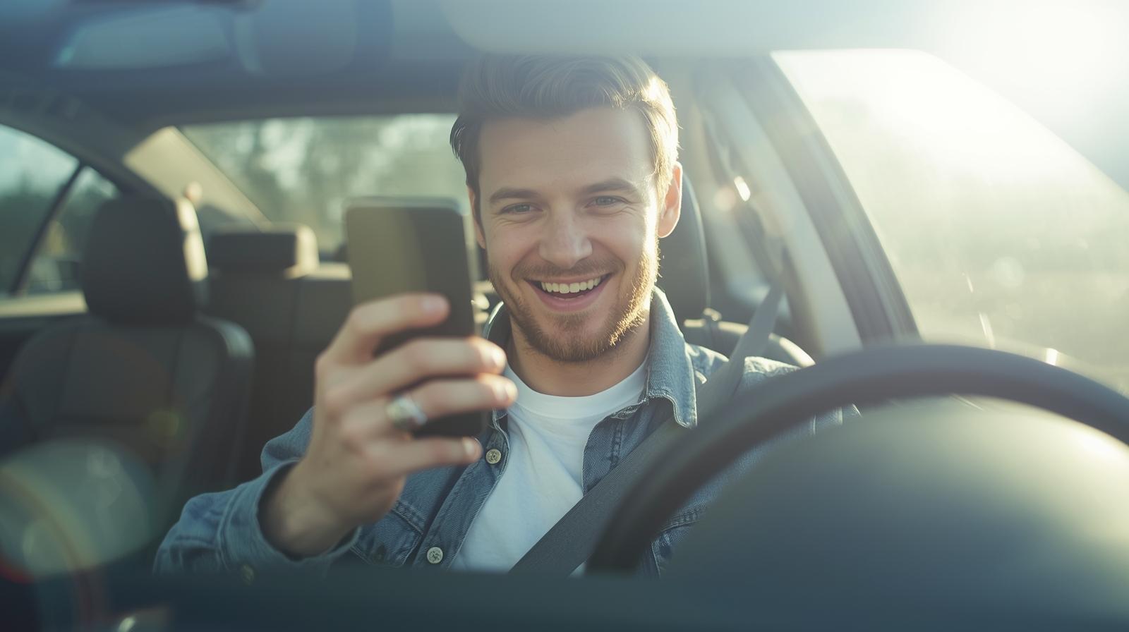 Man in car smiling at smartphone appearing happy after online slot win - From Dashboard to Digital Drive: Why Vehicle Enthusiasts Are Hooked on Virtual Slot Demos