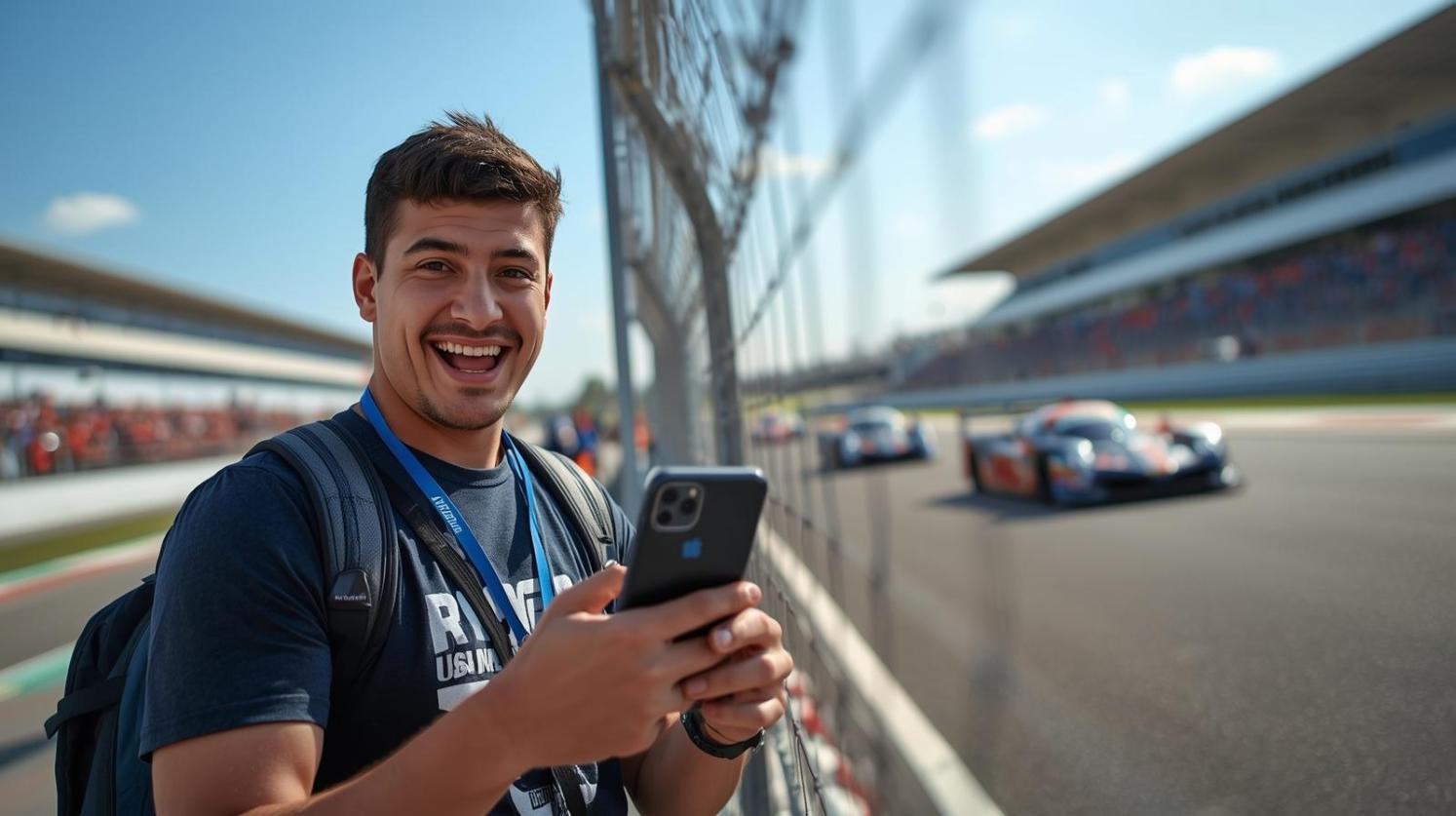 Motorsports fan watching race while checking betting app near sunny racetrack fence - Motorsports Fans Are Finding a New Digital Pit Stop as Parmatch Gains Momentum